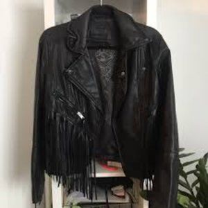 BLANK DENIM BLACK LEATHER FRINGE JACKET